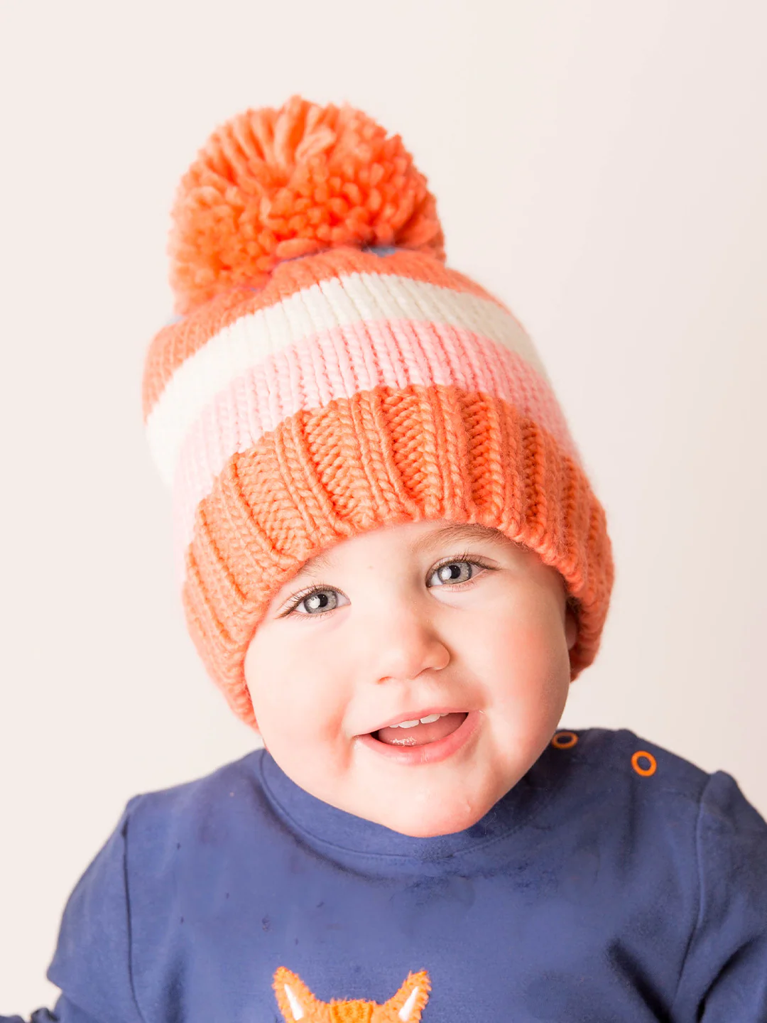 Coral and Cream Striped Bobble Hat - Image 3